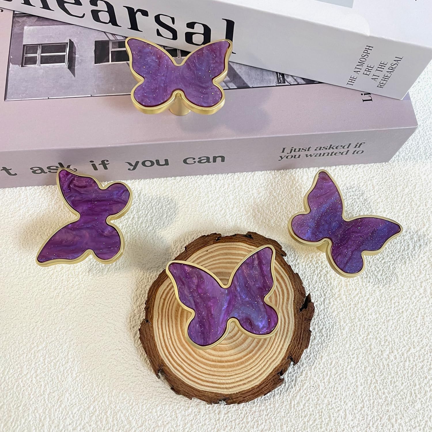 6 pcs Butterfly Shape Knobs Handle Gold Cabinet Knobs Decoration Door Handle Single Hole Handles Cabinet Drawer Dresser Kitchen Wardrobe Furniture Hardware Pulls (Purple)