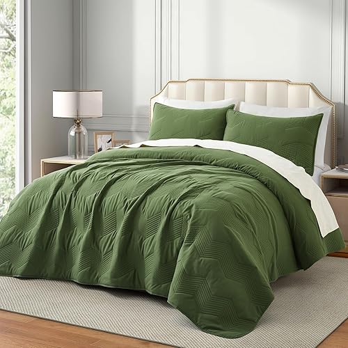 Miniatura 2 de Lavsiry Juego de edredón de tamaño King con patrón de cheurón, colcha ligera de microfibra verde para verano, juego de ropa de cama suave para todas