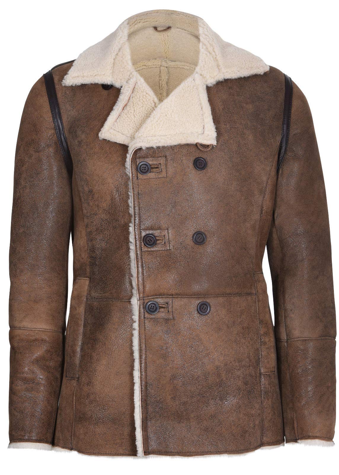 Mens Tan German Double Breasted Real Sheepskin Shearling Leather Jacket Coat XL