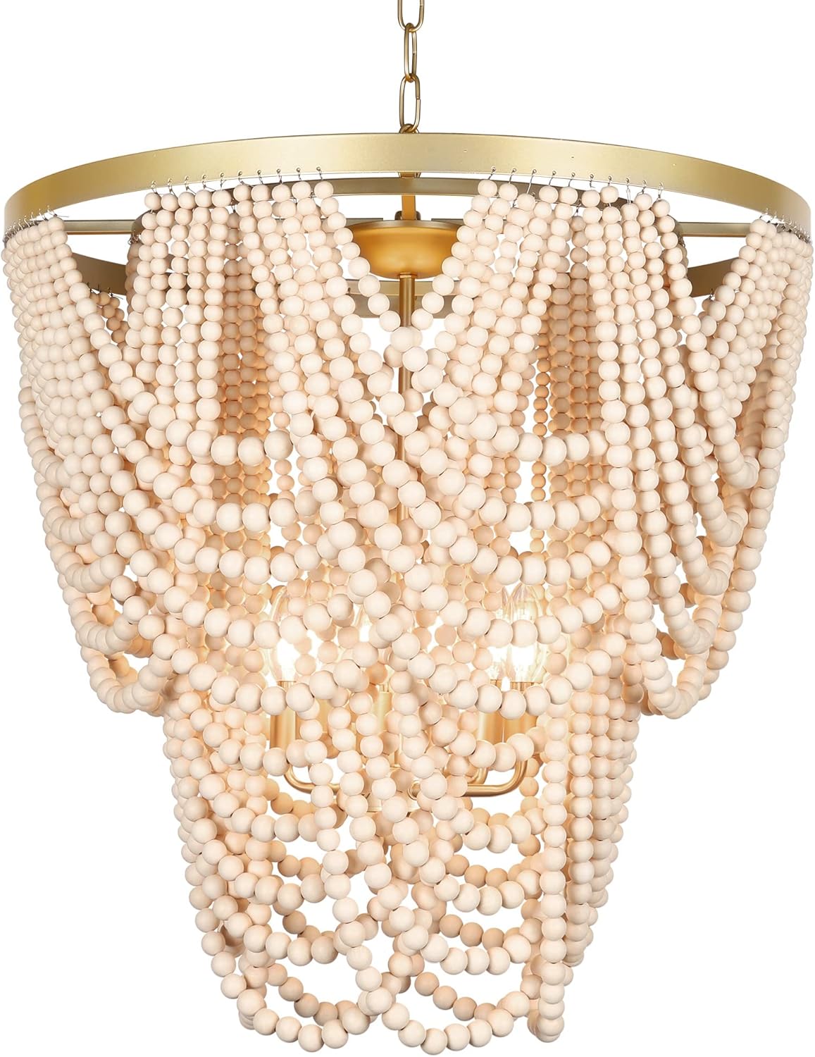 6-Light Bohemia Wood Beaded Chandelier for Dining Room, Coastal Pendant Light for Bedroom, Modern Farmhouse Light Fixtures for Entryway, Gold and Oak Finish 22.8"(D)/Gold and Oak