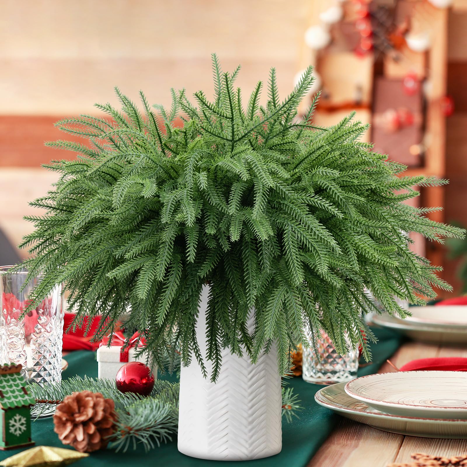 HUZIYAHAN Christmas Norfolk Pine Stems -18Inch Artificial Christmas Green Plants Branch Faux Greenery Branches Pine Picks for Vase DIY Crafts Xmas
