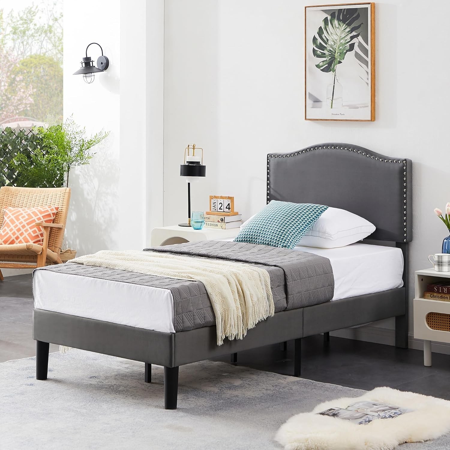 VECELO Twin Bed Frame, Platform Bed Frame with Adjustable Height Upholstered Headboard, Heavy-Duty Frame and Strong Wooden Slats Support, Non-Slip and Noise-Free, Easy Assembly, Dark Grey