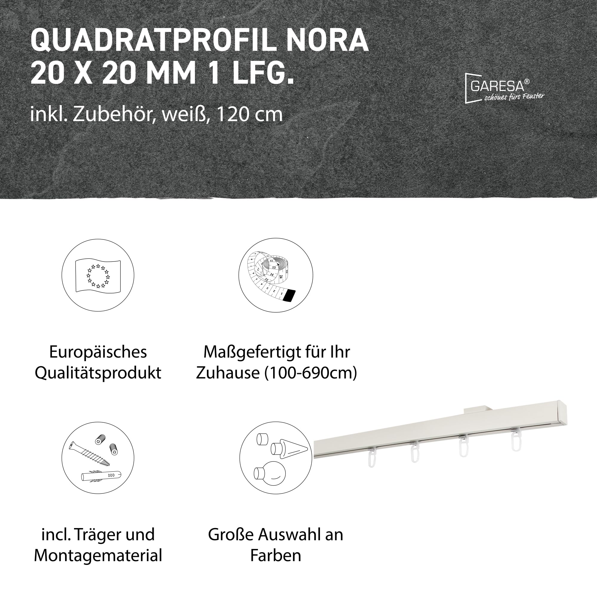 GARESA Neptun Gardinenstange weiß 120 cm - Moderne Vorhangstange aus Aluminium zur Deckenmontage, geeignet für leichte und mittelschwere Vorhänge