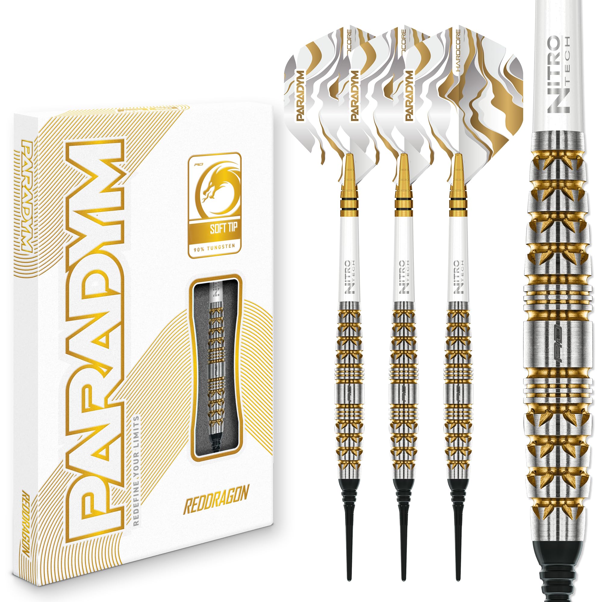 RED DRAGON Darts - Paradym Gold Serie Dart Pfeile - 90% Tungsten Profi Dartpfeile - Beinhaltet Dartflüge & Schäfte | 18g Weiche Spitze & Steeldarts 22g, 23g, 24g, 25g & 26g