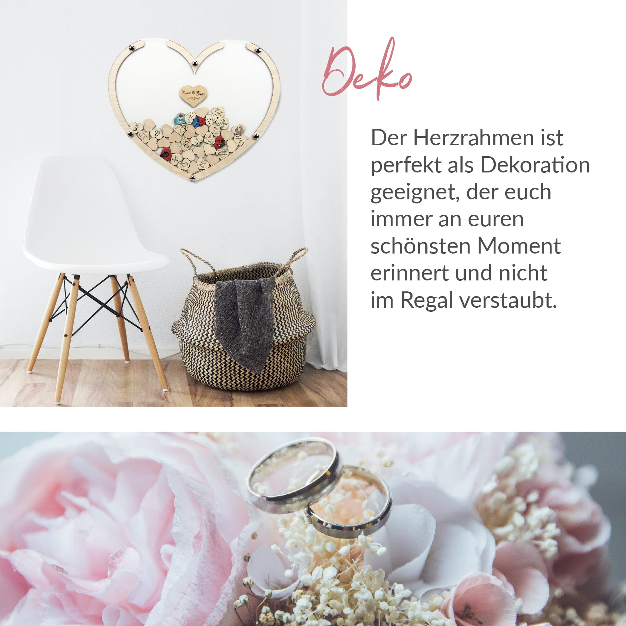 Hochzeitsgästebuch Holz Herz – personalisierte Gravur – 50×42 cm | 100 Holzherzen | Gästebuch Hochzeit mit Acrylglas | Handmade in Germany