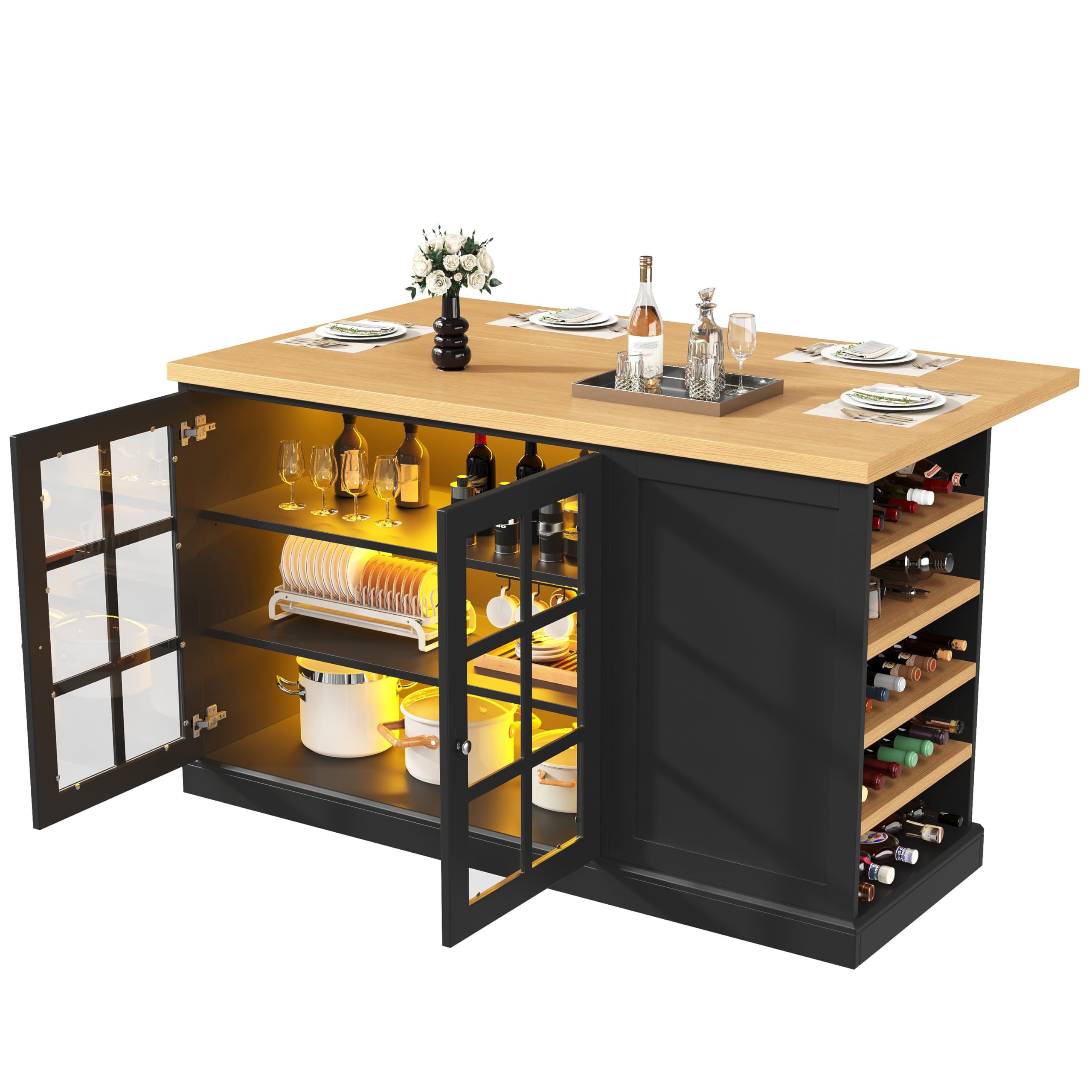 Klappbarer Bartisch Kücheninsel mit Smart LED Farblicht, Schräges Weinregal & Aufbewahrungsschublade, Platzsparend für kleine Wohnungen, USB-Betrieb