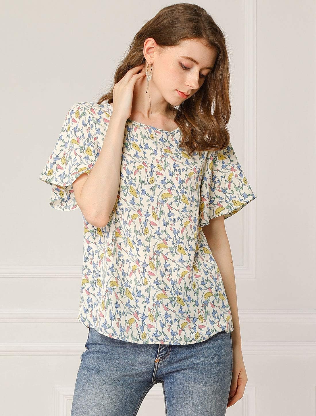 Allegra K Women's Floral Blouse Tee Chiffon Casual Flutter Sleeve Tops - Image 4