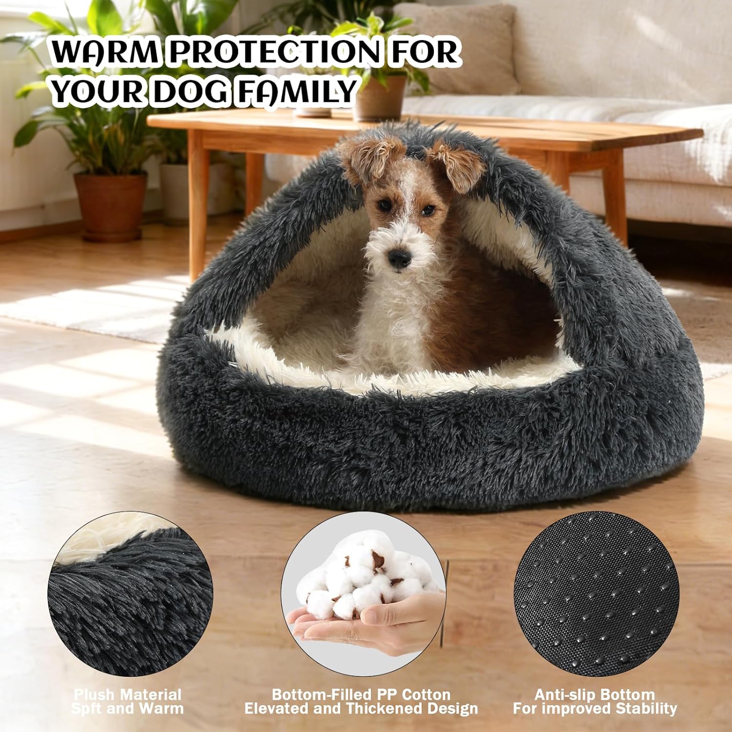 NOYAL Round Hooded Donut Dog Bed for Small & Medium Pets - Plush Fluffy Anti-Anxiety Cat Cave Bed with Cover Medium 23.6'' Dark grey