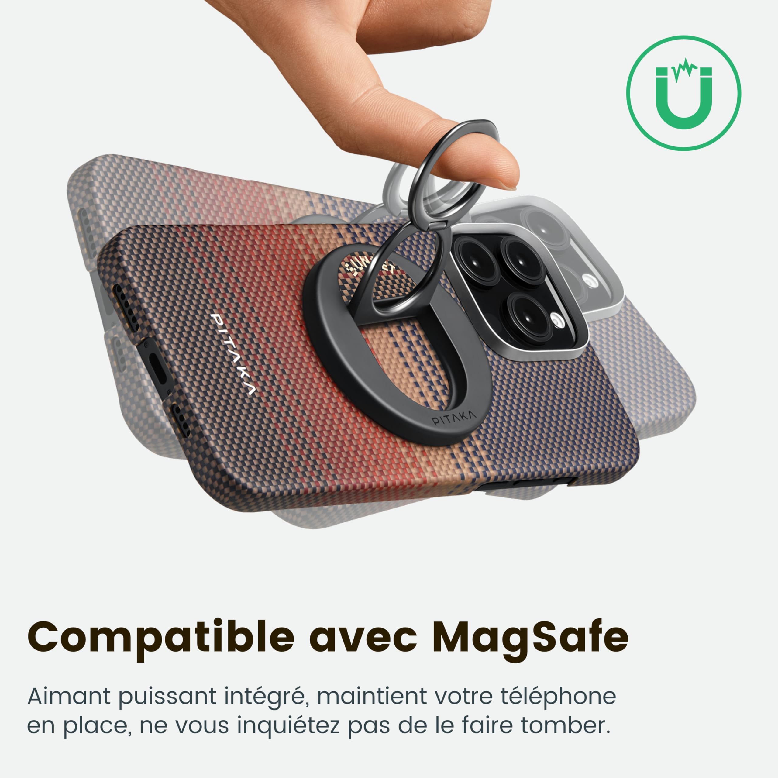 pitaka Poignée Magnétique Support pour Anneau de Téléphone avec Double Anneau Porte Doigt Réglable en Fibre Aramide pour iPhone 16/15/14/13 Noir/Gris