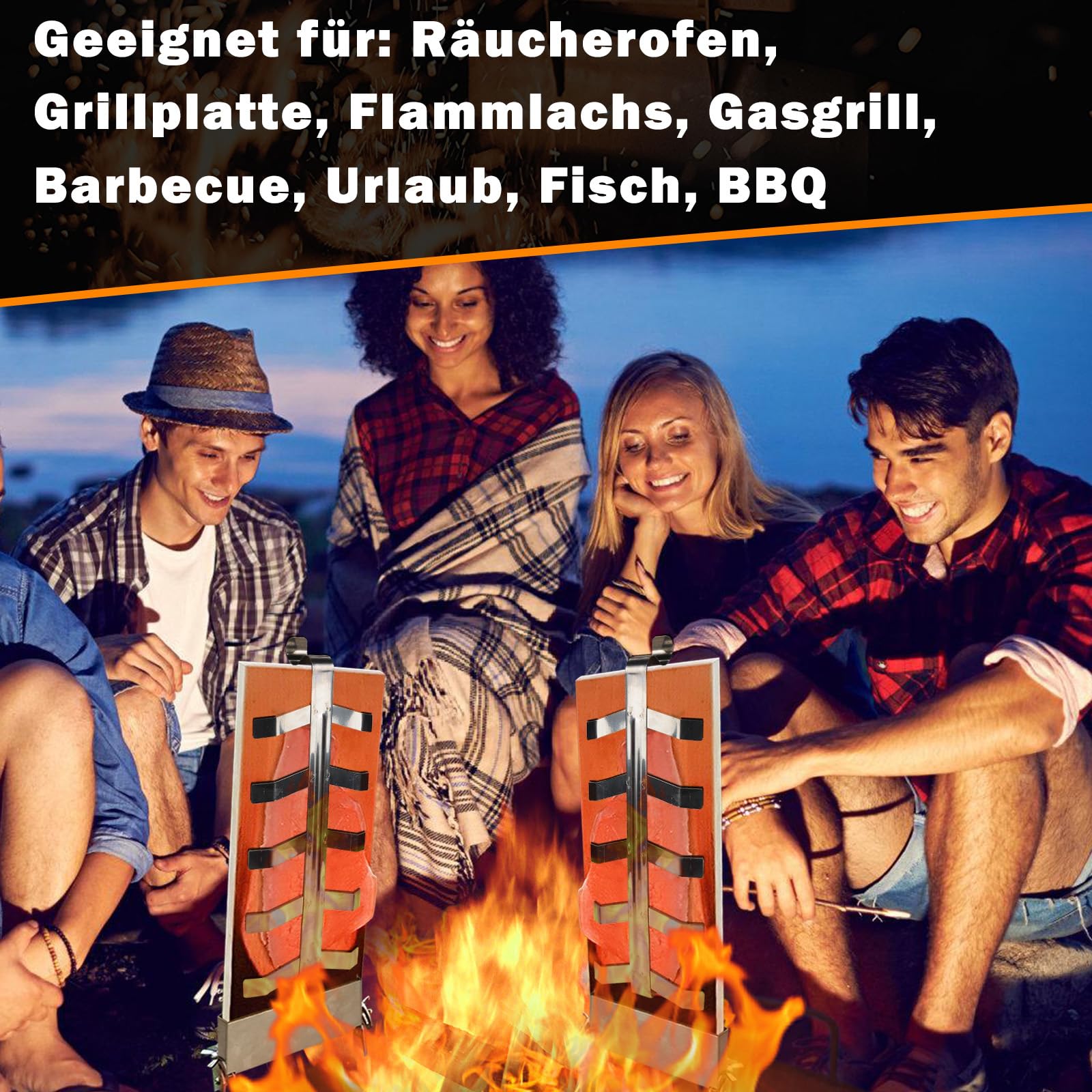 Flammlachsbrett 2er Set, Lachsbretter zum Grillen aus Zedernholz mit Edelstahlhalterung, 5 Winkelstufen, 46 x 15,5 cm, für Feuerschale Grill Feuerkorb