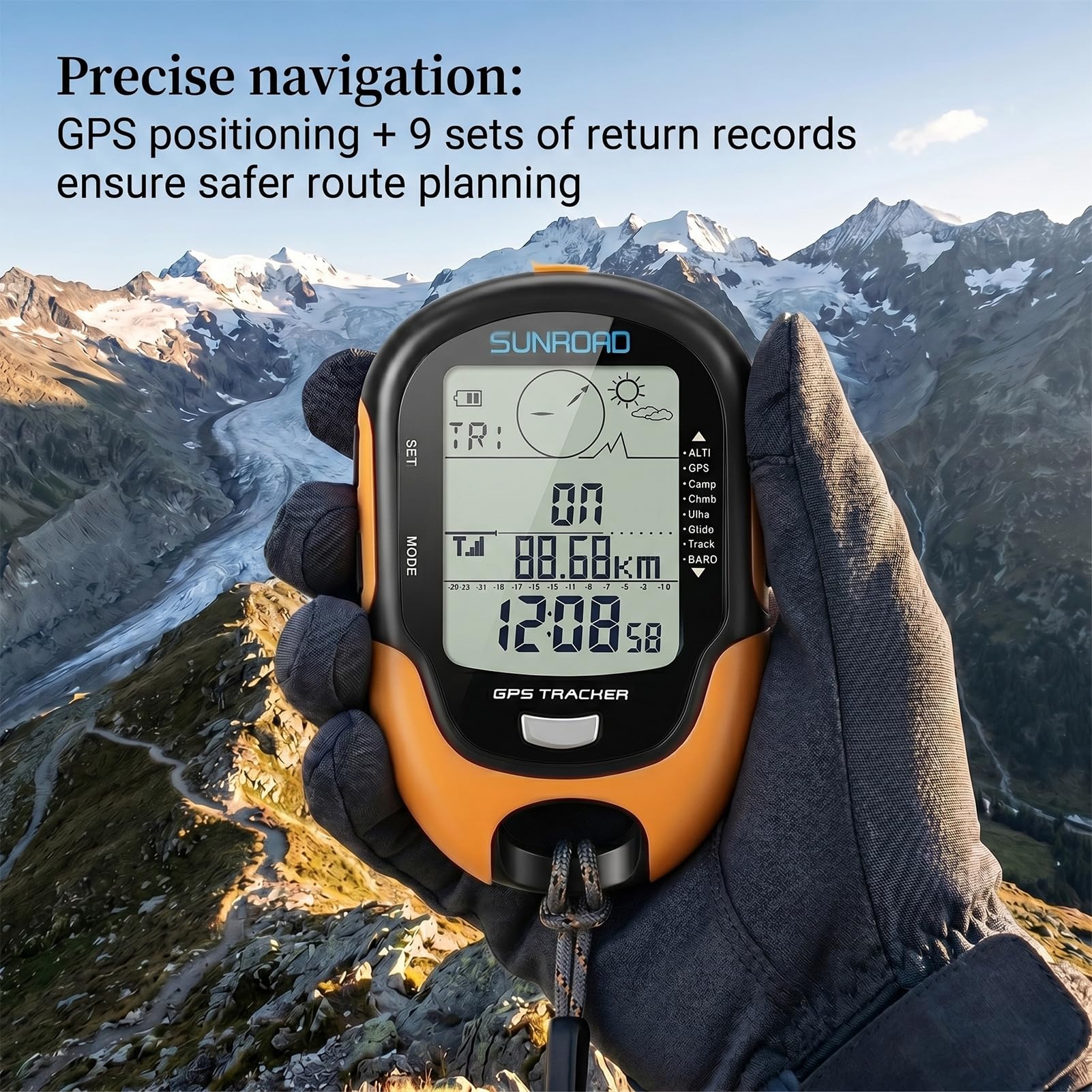 Misuratore GPS, barometro GPS, 100 × 66 × 20 mm, IPX4, impermeabile, multifunzione, con sensore ad alta precisione, torcia LED