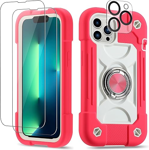 Funda para iPhone 13 Pro Max de 6.7 pulgadas con soporte de anillo, con 2 protectores de pantalla de vidrio + 1 protector de lente de cámara, funda