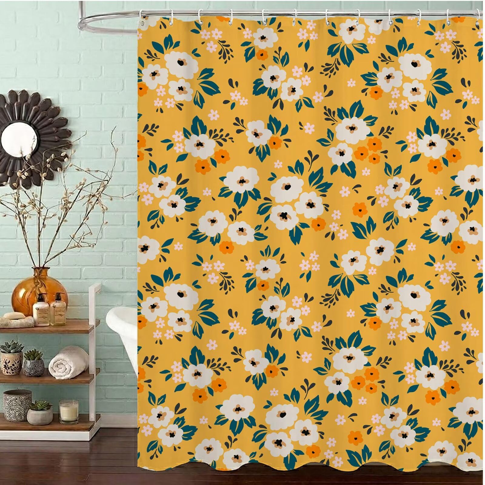 Rideau de douche 200x200 cm jaune et crème lavable en polyester