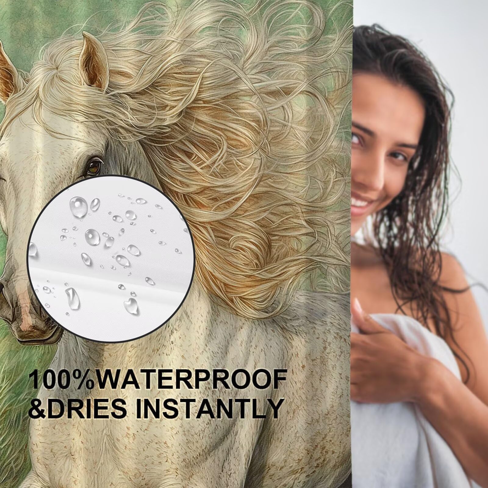 Rideau de Douche cheval blanc 180 x 240 cm Polyester Anti Moisissure Lavable Imperméable Tissu Rideaux de Douche avec 12 Crochets Baignoire pour Salle de Bain Domicile Cabine de Douches, Hôtel n-19