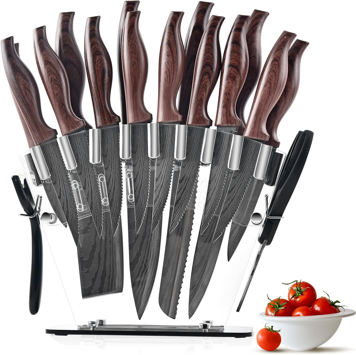 Damascus Steel Knife Set 18Pcs Non Stick Sharp Kitchen Knives Set with Acrylic Block, Cutlery Knives Block Set, Chef Quality, Best Gift (Coffee)