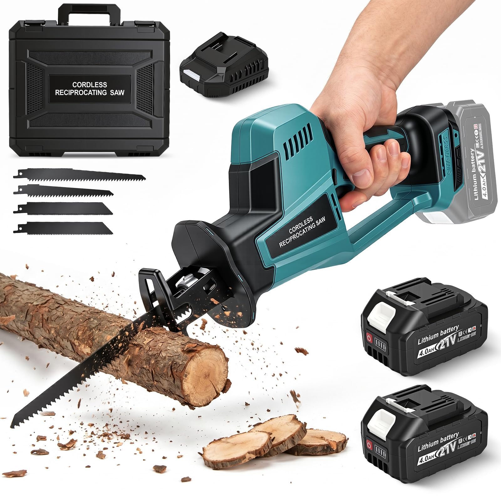 Sierra Sable Inalámbrica con 2 Baterías 4.0Ah, Sierra Sable Bateria con Motor Brushless 3100 SPM, Carrera de 22 mm, Velocidad Variable, 4 Hojas, Luz LED, Maletín y Cargador para Madera, Metal y PVC