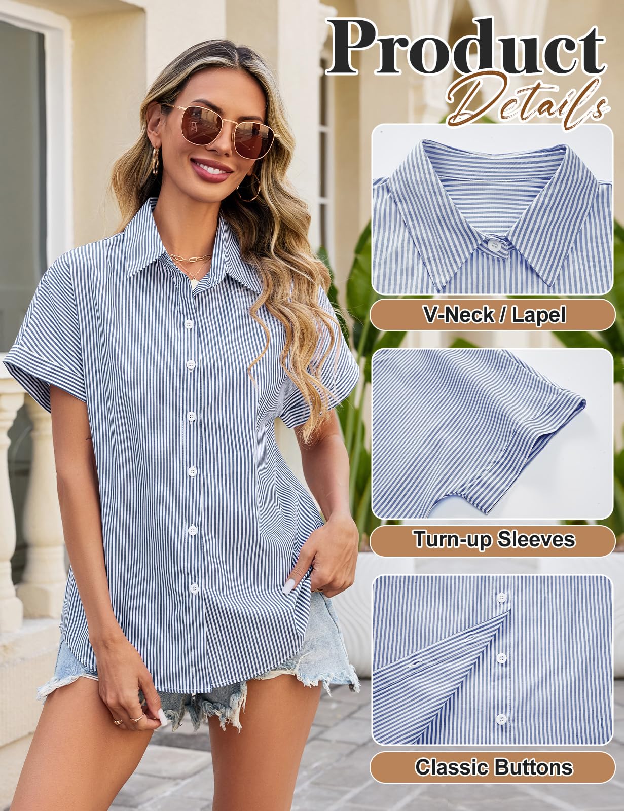 Camicia Donna Estiva Camicetta Manica Corta Elegante Scollo a V Camicia Cotone a Righe Blusa Loose Bottoni Classico Basic Casual Shirt