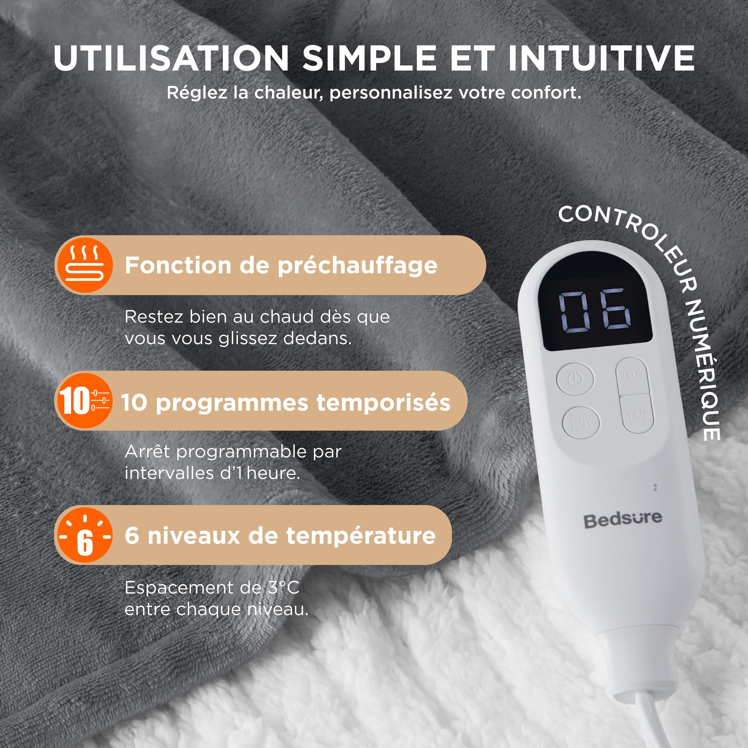 Bedsure Couverture chauffante 130x180 cm, arrêt Automatique, 6 Niveaux de Chaleur, minuterie 10h, Protection surchauffe 8h, Douce électrique pour Maison & Bureau, Gris