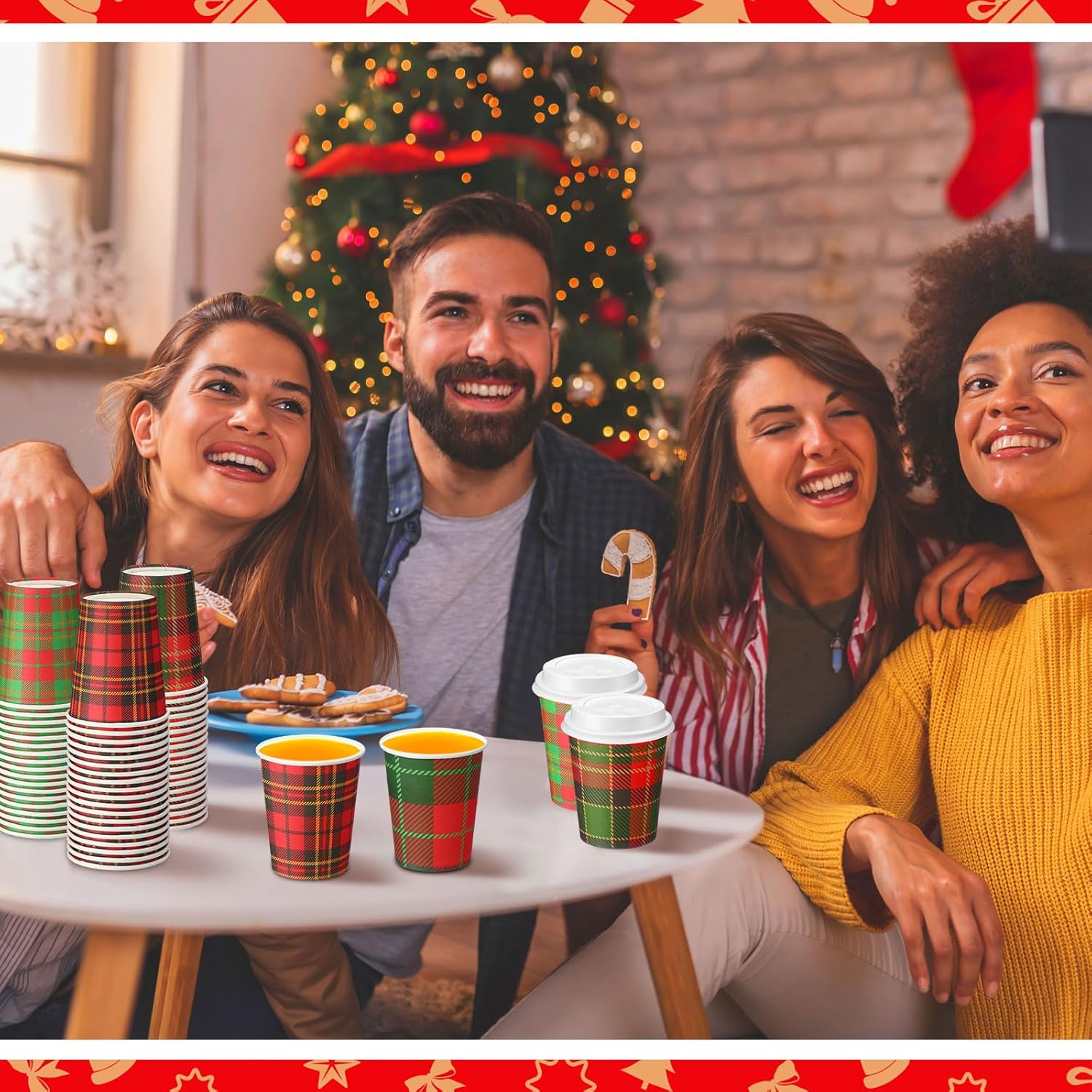 Hushee 100 Pcs Christmas Plaid Paper Cups 8 oz Disposable Coffee Cup with Lids Christmas Cups Coffee Bar Supplies for Hot Cocoa, Hot and Cold Drink Tea Holiday Party Supplies