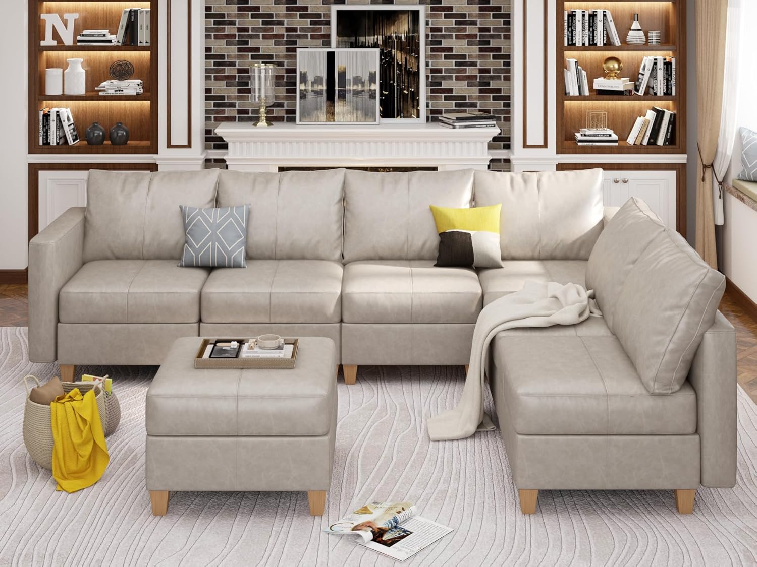 EASE MOOSE Faux Leather Sectional Sofa L Shaped Sofa Couch with Reversible Chaises, Modular Sectional Couch with Storage for Living Room, Whitesand