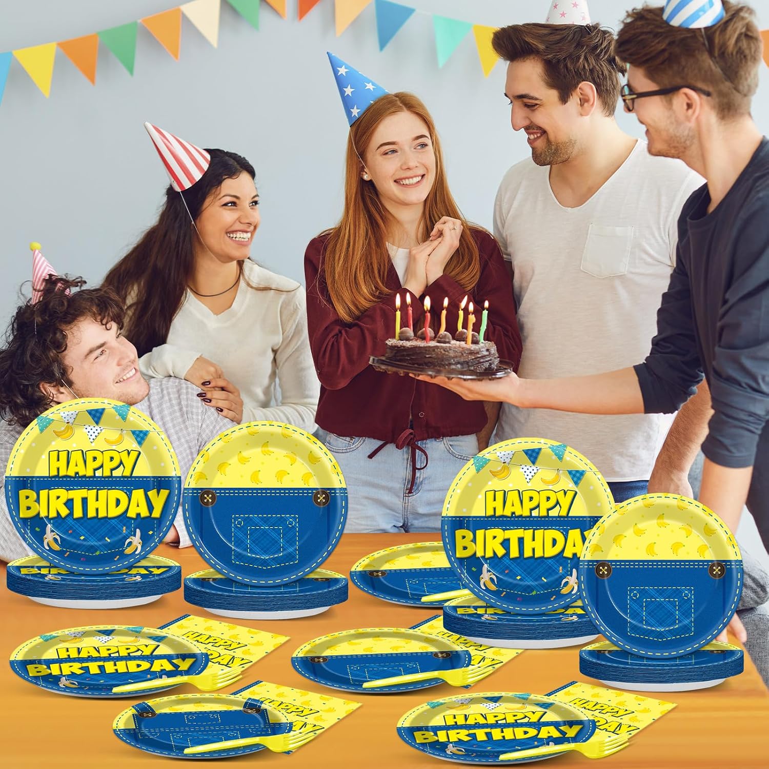 96Pcs Yellow Cartoon Plates and Napkins Cartoon Themed Birthday Party Supplies Yellow Jeans Banana Disposable Tableware Set for Kids Happy Birthday Baby Shower Table Party Decorations Serve 24 - Image 6