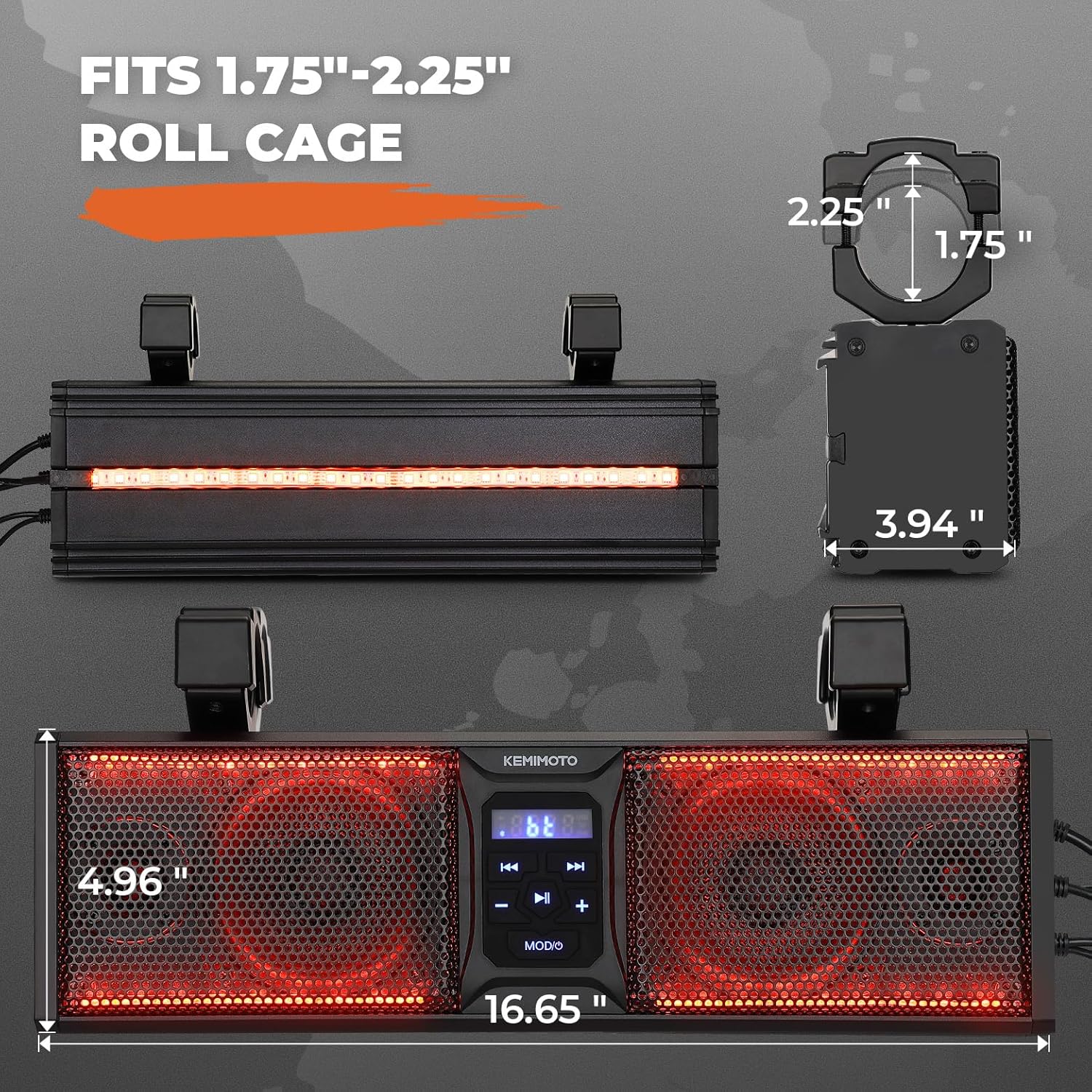 KEMIMOTO UTV Sound Bar 16 Inch ATV Speaker with RGB Lights BT V5.0 400W Max Amplified Marine-Grade IP65 Compatible with Polaris RZR, Can-Am, CFMOTO, Zforce, Teryx Fits 1.75" - 2.25" Roll Cage - Image 6