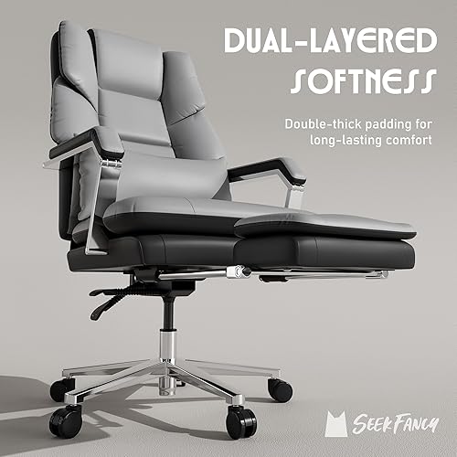 Miniatura 7 de Silla de oficina reclinable, silla de oficina grande y alta con reposapiés, asiento ancho y soporte lumbar para personas pesadas, respaldo alto,