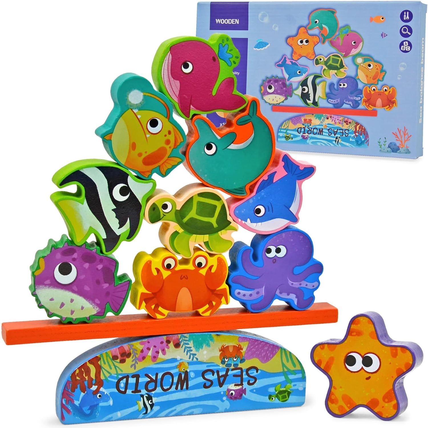 Vileafy Under The Sea Animal Blocks for Kids, Montessori Preschool Toys and Ocean Animal Figures Cognition for Toddlers, Educational Stacking Toy for Storytelling Props