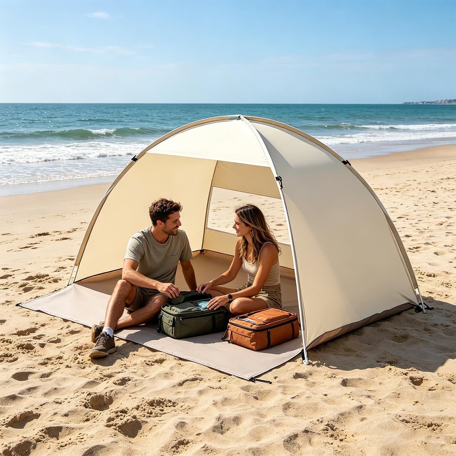 Tenda da Spiaggia Solare Portatile con Montaggio Facile | Tenda da Spiaggia per Campeggio Esterno 3-4 Persone Giardino Famiglia Picnic Pesca Escursionismo Viaggio Trekking