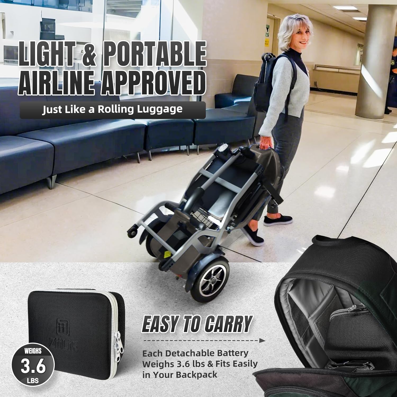 R3b-Mobility Scooters for Seniors Adults Ultra Lightweight 37.5 Ibs Electric Folding 4 Wheel Mobility Scooter with Cup Holder, Compact & Convenient for Travel Airline Approved, Gray - Image 3