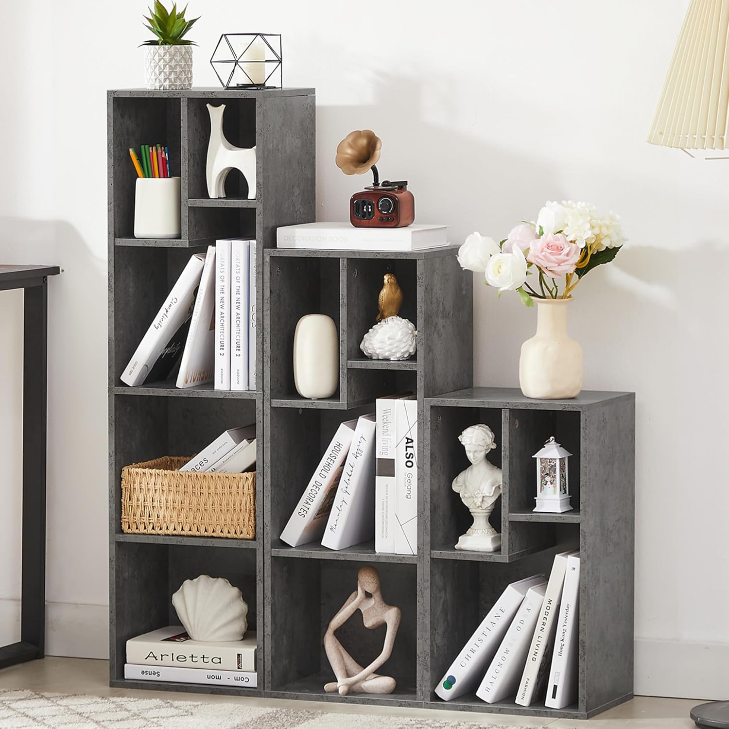 VECELO Wide Bookshelf Set, Fits 9.3" × 10-12.8" Hardcovers, Cube Storage Bookcases, Free-Standing for Living Room, Bedroom, Home Office, 3/4-Tier, 2-Pack, Gray