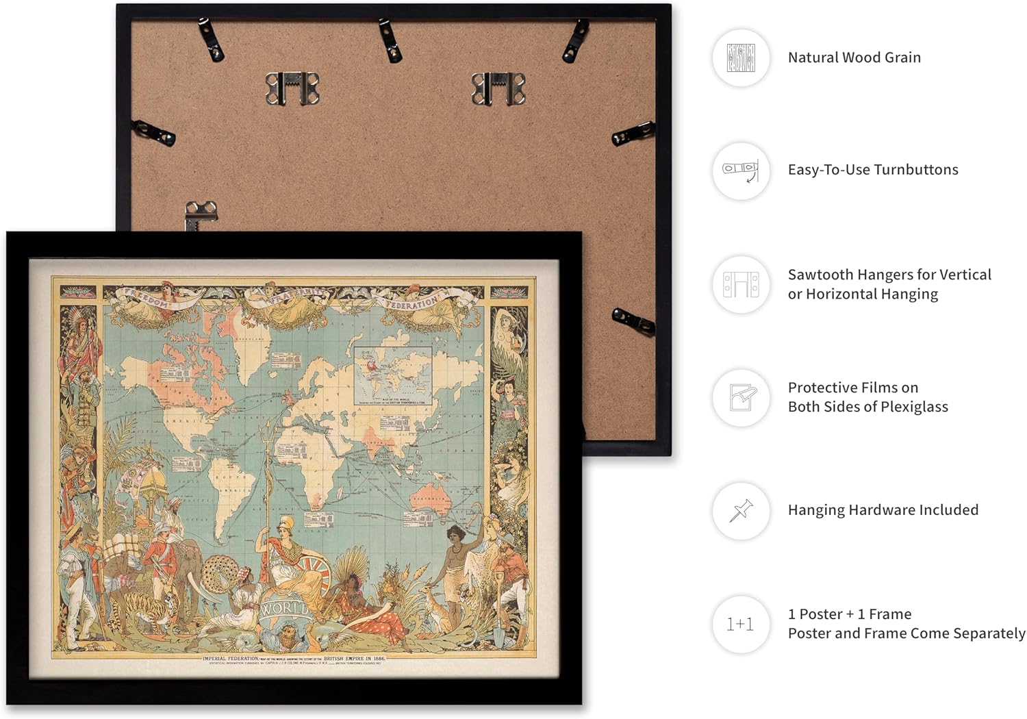 Poster Master Vintage Map Poster - Retro World Map Print - British Empire Map Art - Gift for Teacher, Student, Travel Lover - Perfect Decor for Classroom, Office, Dorm, 11x14 Black Framed