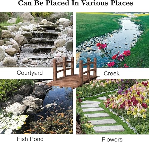 Miniatura 3 de HAPPYGRILL Puente decorativo de madera para estanque con acabado manchado para jardín, 5 pies de longitud