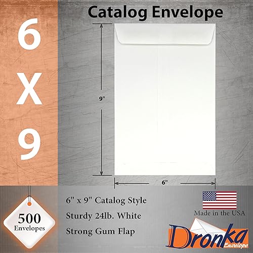 500 sobres Dronka de 6 x 9 pulgadas (extremo abierto), resistentes 24 libras, color blanco, solapa de goma, 500/caja