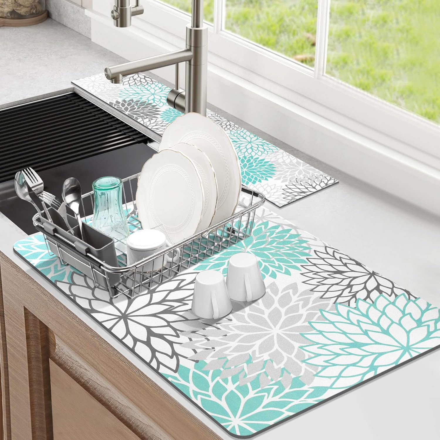Findosom 2PCS 12″ x 20″ Dish Drying Mat & 24″ x 5.5″ Sink Splash Guard, Super Absorbent & Cuttable Dish Mat Drying Kitchen Mat with Teal Floral, Hide Stain Draining Mat for Kitchen Counter