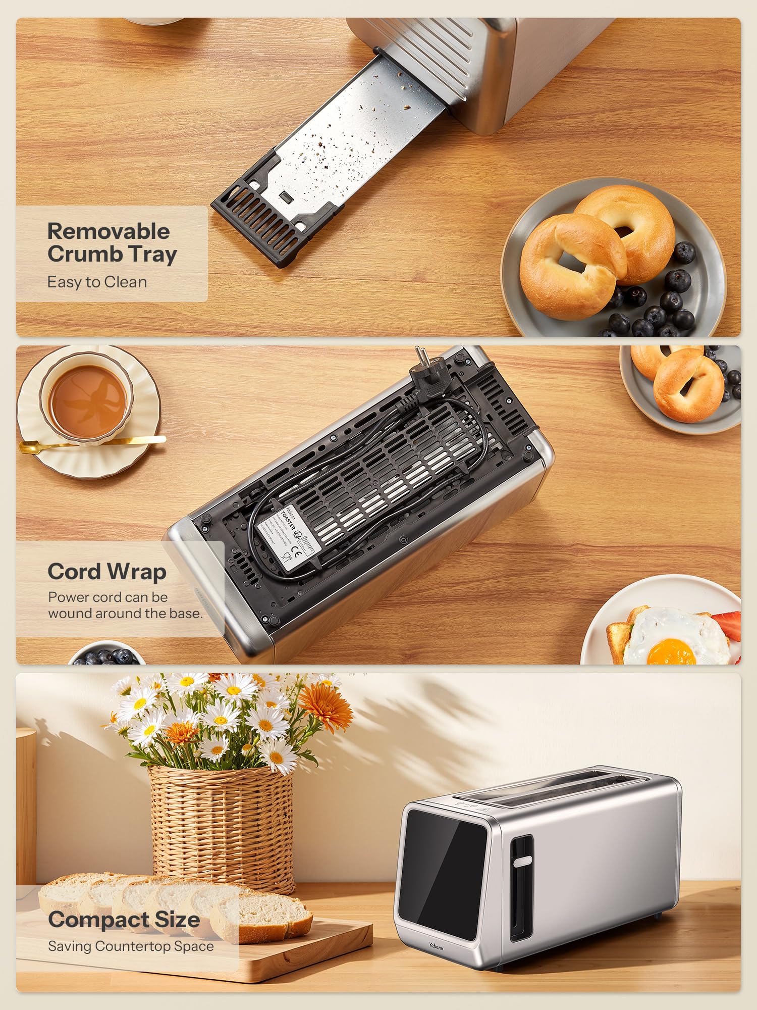 Yabano Tostapane digitale intelligente con touch screen, funzione memoria, tostatura singola, timer, riscaldamento e scongelamento per bagel, pane, waffle, muffin, acciaio inox