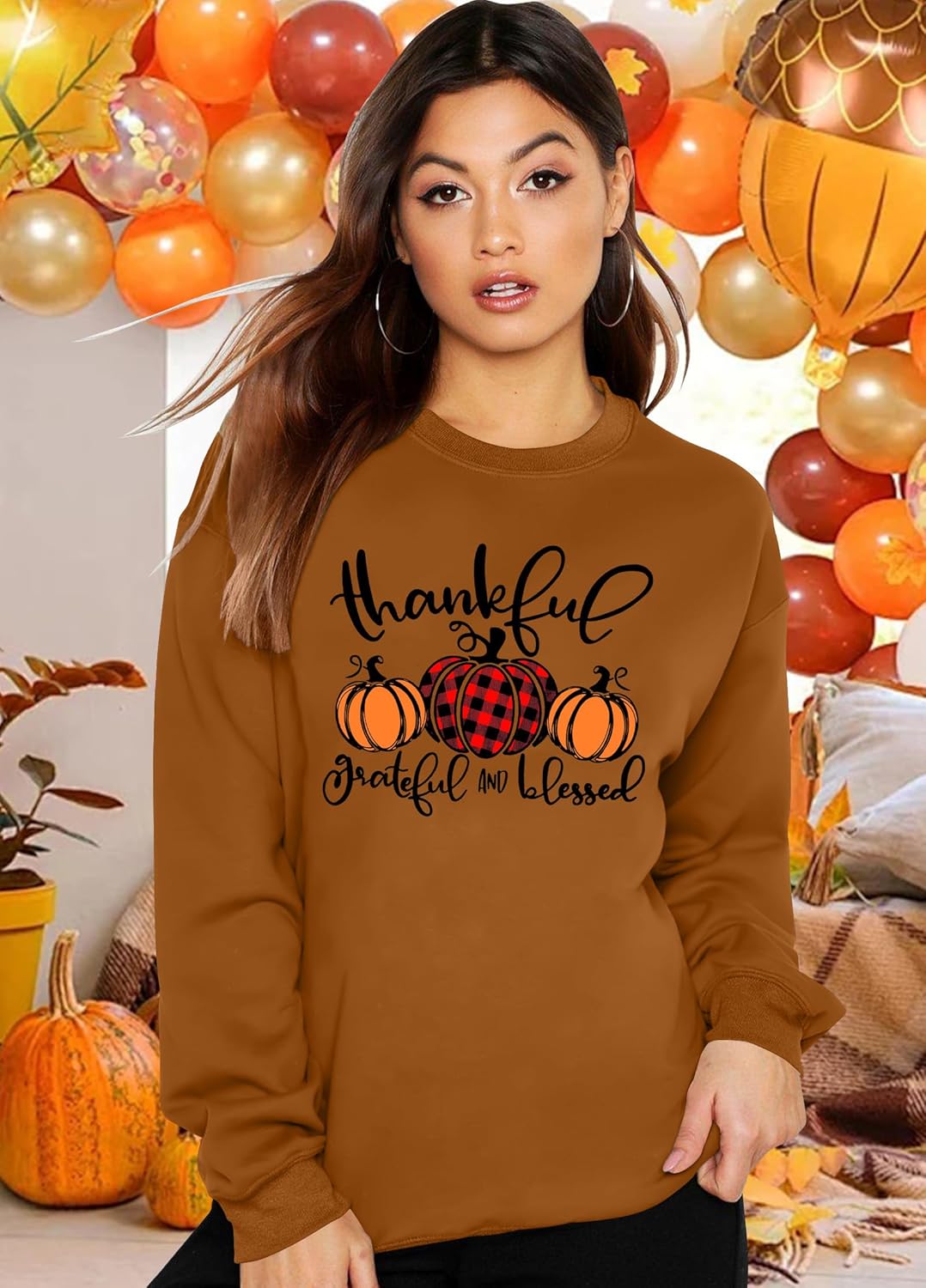 感謝祭 スウェットシャツ 女性用 秋 パンプキン シャツ Thankful Grateful Blessed トップス ハロウィン