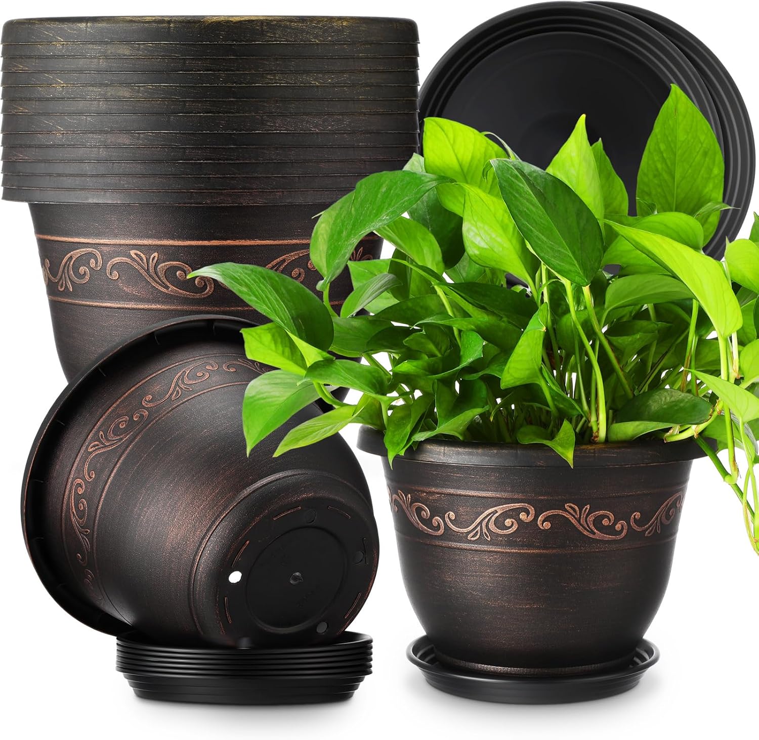 6 Pack 10 Inch Plant Pot Plastic Flower Planters for Indoor Outdoor with Drainage Hole and Trays Lightweight Retro Antique Imitation Decorative Garden Containers Sets with Saucer