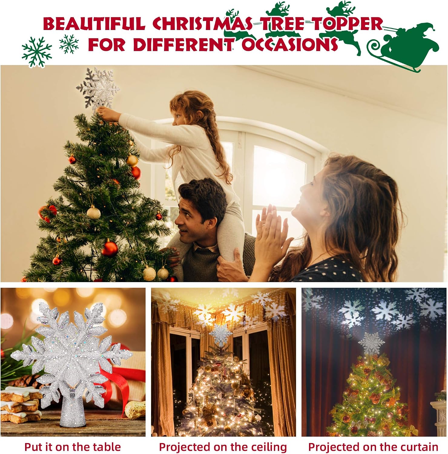 Christmas Tree Topper Lighted, Snowflake Tree Topper Projector with LED Rotating, 3D Hollow Glitter Sliver Lighted Tree Topper Star, Xmas Tree Topper Star for Christmas Tree Decorations (Silver)