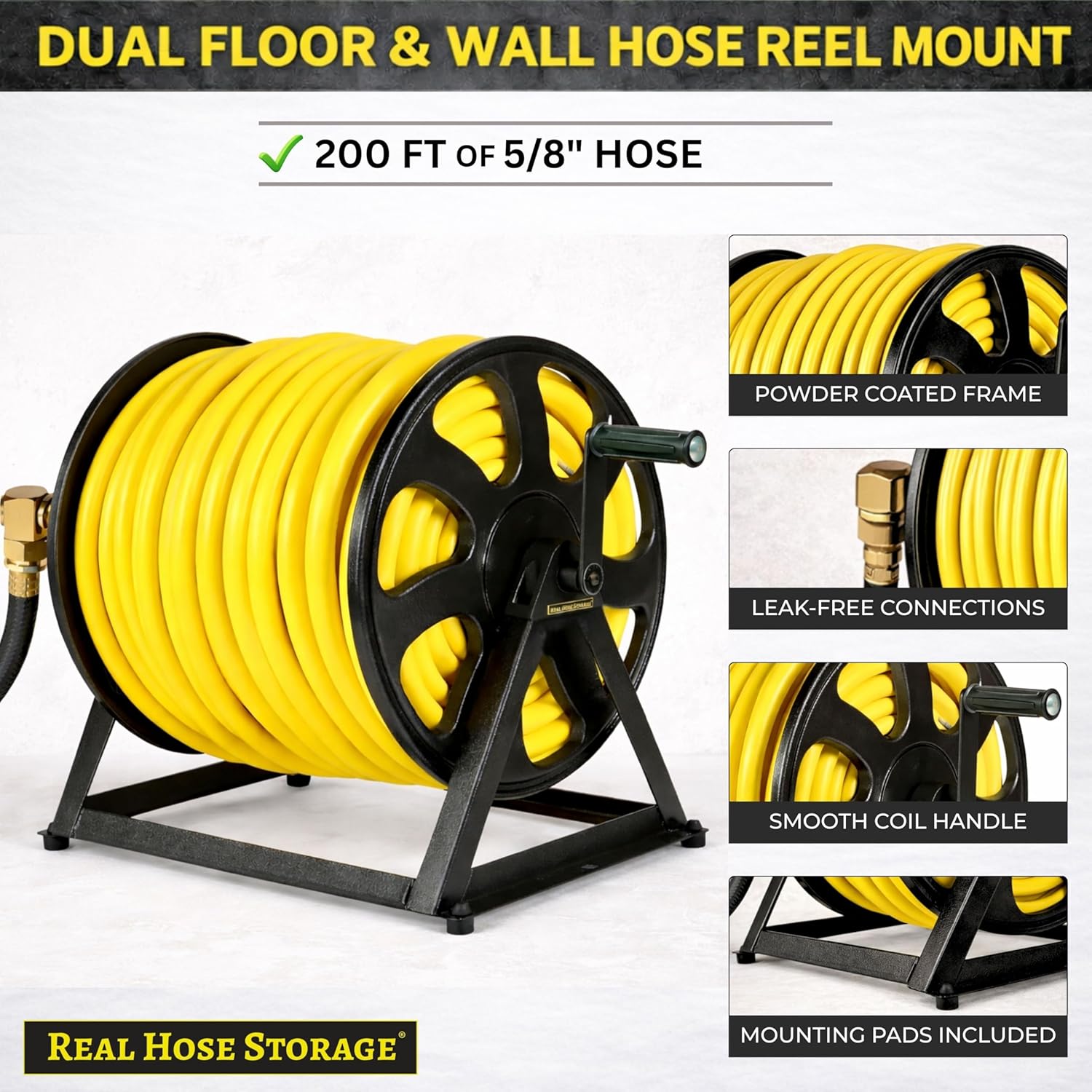 Dual Floor and Wall Mounted Garden Hose Reel, Holds 200ft of Water Hose, Heavy Duty Metal Hose Reel, Space Saving Hose Reel Organizer for Yard, Garage & Shed (Black)