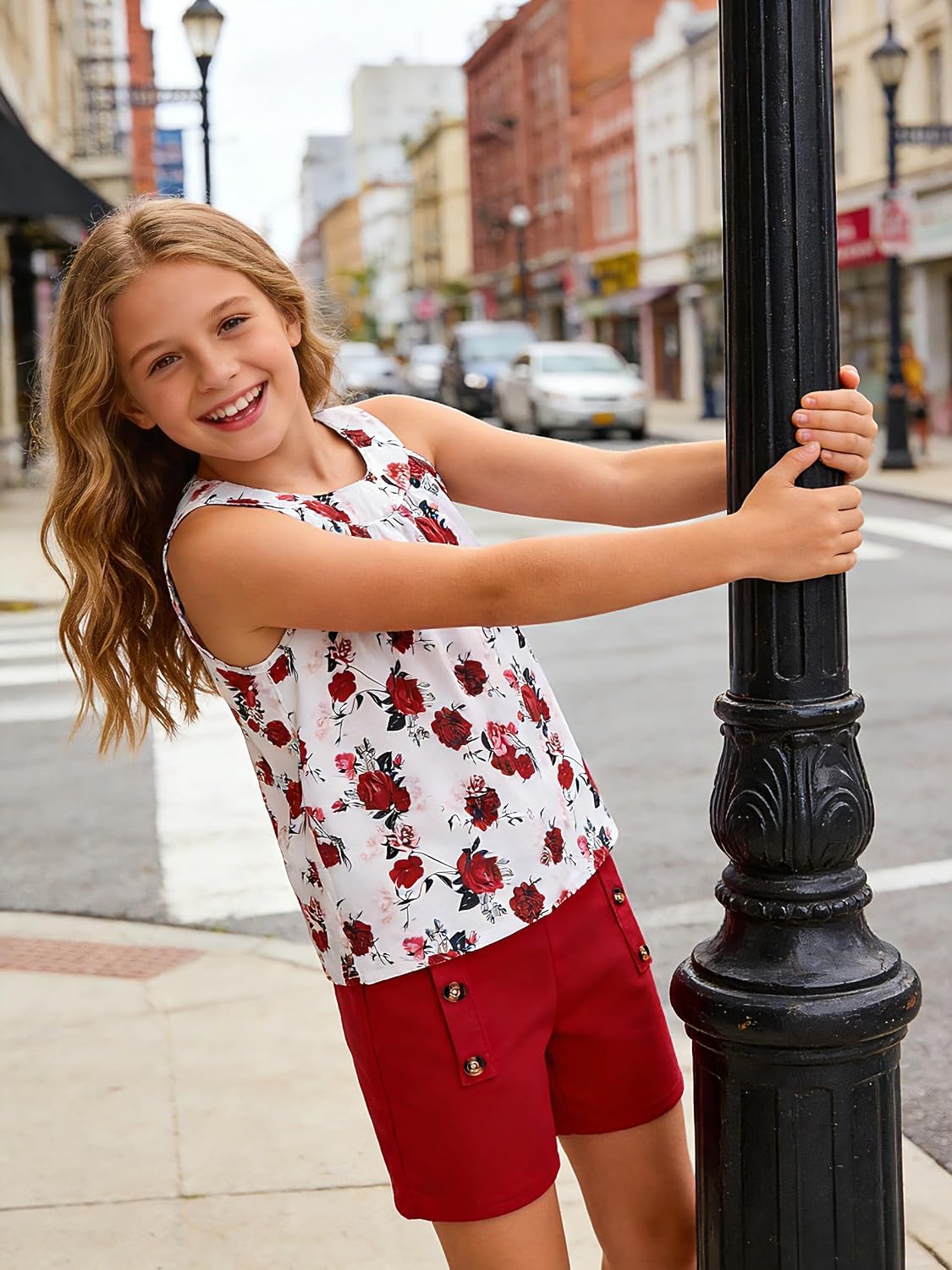 Girls Clothes Summer Neck Sleeveless Floral Top & Shorts Fashion Kids 2PCS Outfits Teen Girls' Clothing Sets 7-14Y