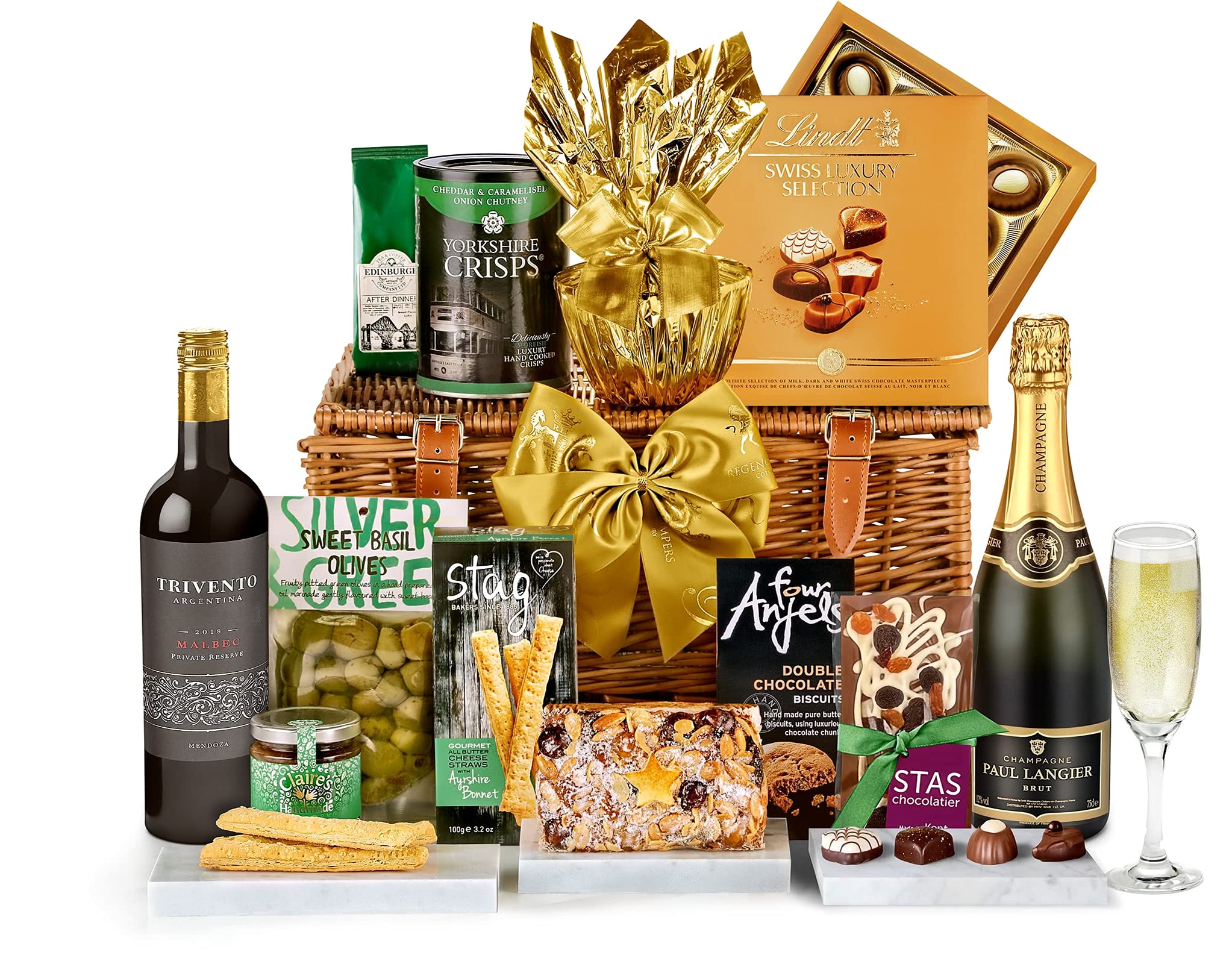 Paul Langier Champagne Gift Set - Knightsbridge Hamper with Champagne, Malbec, Cheese Straws, Chocolate Biscuits, Fruit Cake - Champagne Gifts for Birthdays and Celebrations, from Regency Hampers