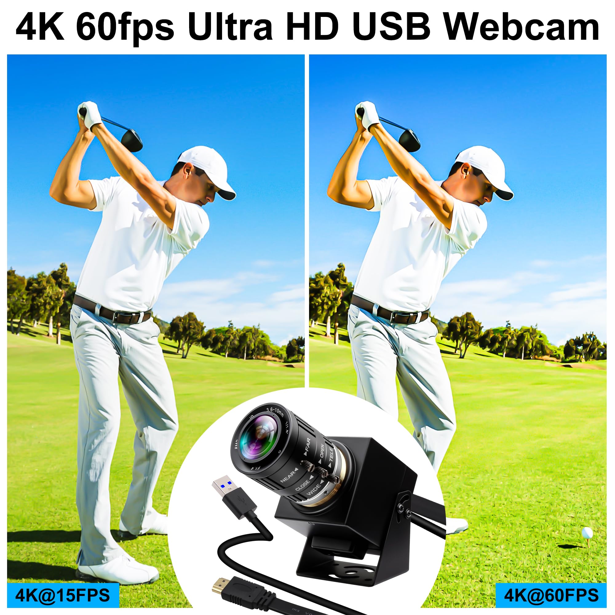 ELP Caméra USB 4K 60fps Haute Vitesse - Sortie Simultanée HDMI, Objectif Zoom Manuel 3,6-10 mm 3X pour PC, TV, Projecteur, Moniteur - Application Industrielle