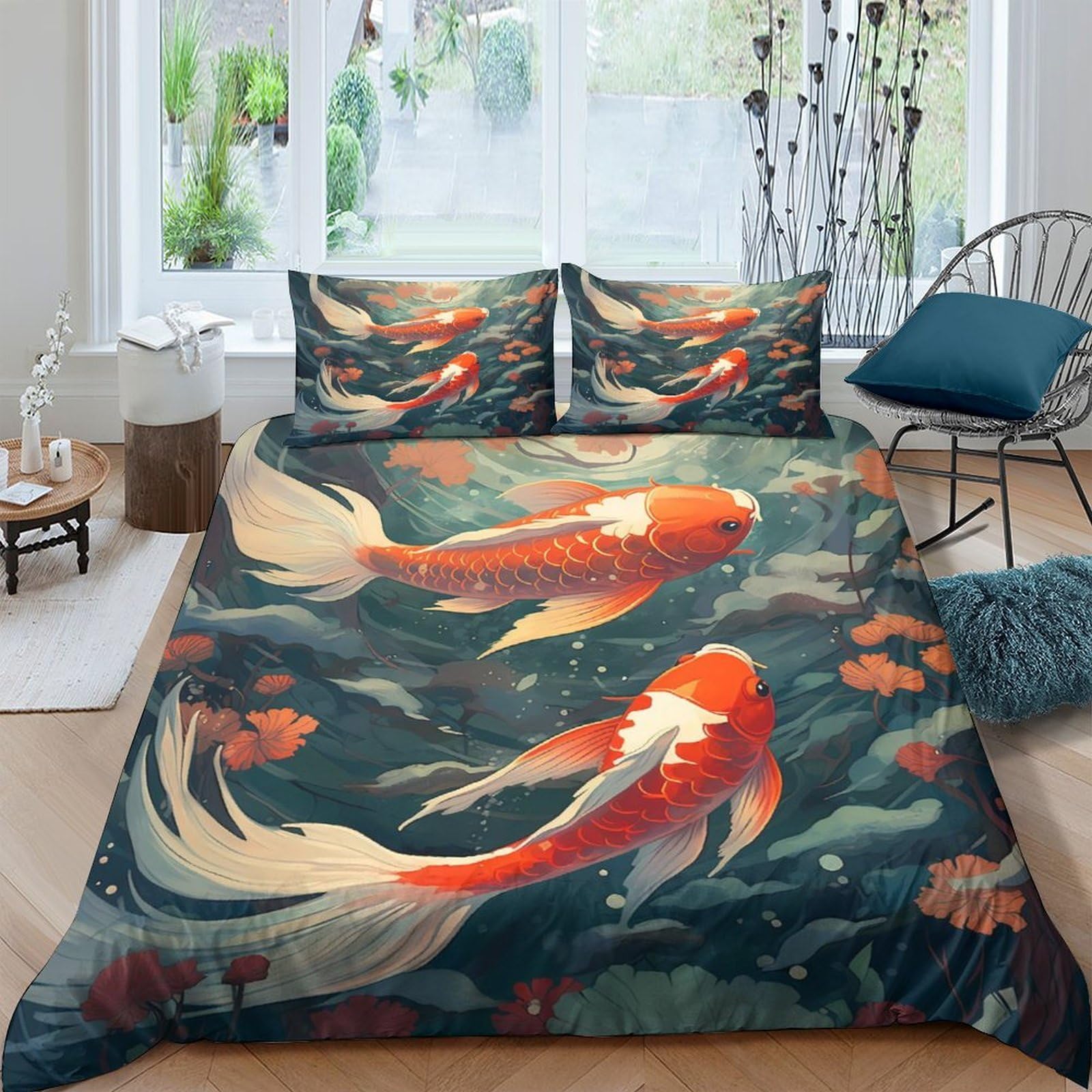 Ctjqhvkz Style-10 3D Printed Koi Fish Fitted Sheet Microfiber Soft Orange Blue Lotus Mattress Cover For Bedroom Guest Room Decor Easy Care Single（135X200cm）