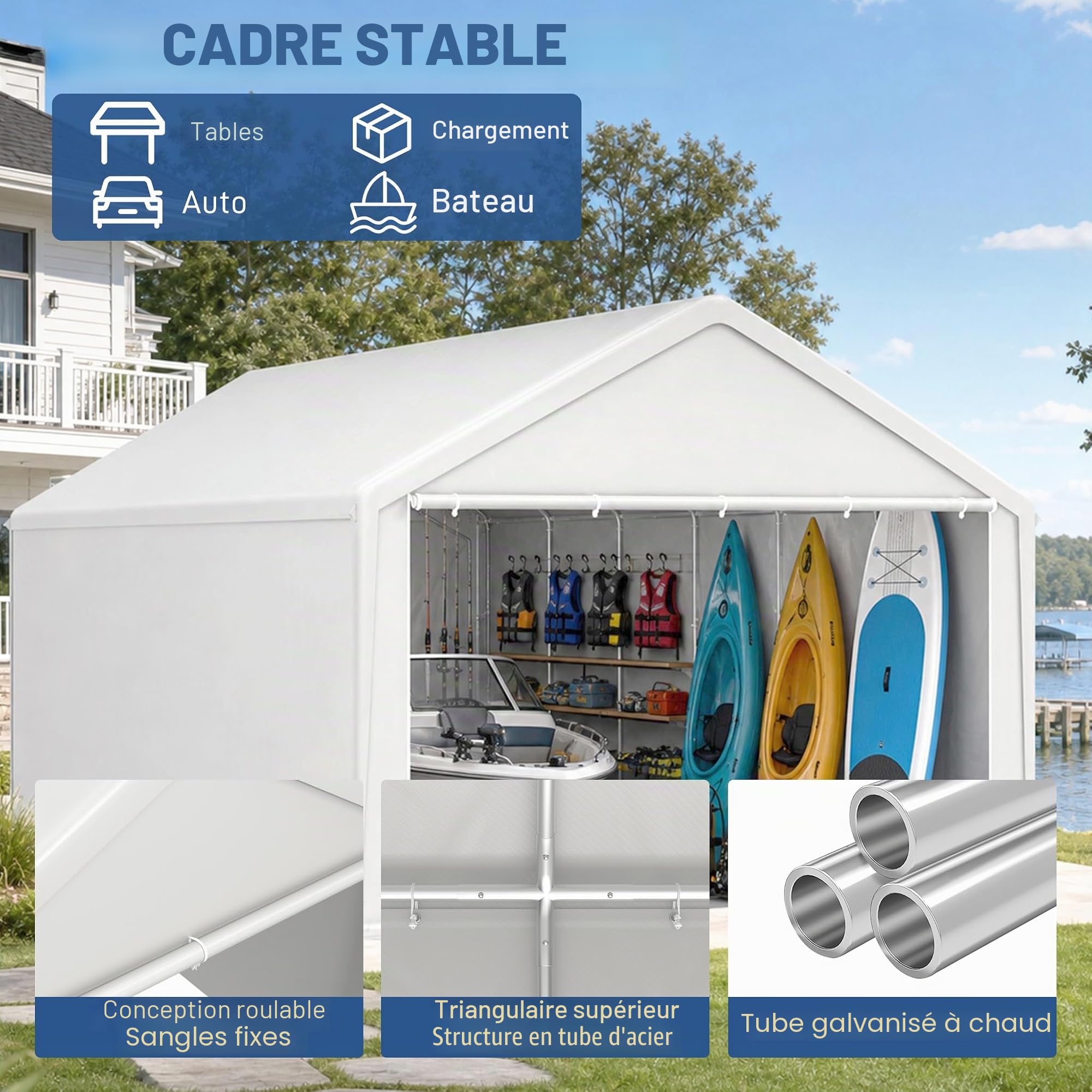 ACXIN Rideau de rangement robuste pour hangar de jardin avec cadre en acier et bâche en polyéthylène pour outils, voiture, blanc, 4 m x 6 m
