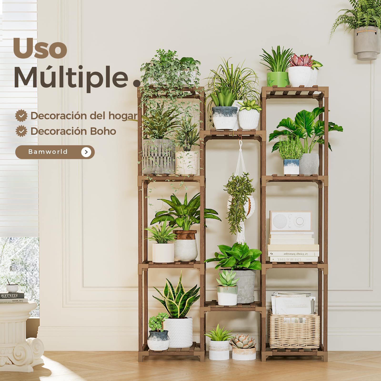 Bamworld Soporte para Plantas Estantería para Plantas de Exterior e Interior Estante para Colgar Varias Plantas, Jardinera Alta de Madera para Salón, Patio, Balcón, Jardín, Marrón