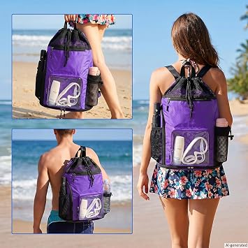 Mesh Beach Backpack Sandproof Waterproof Drawstring Backpack with Tumbler Side Pockets Swim Bag for Pool Gym(Purple)