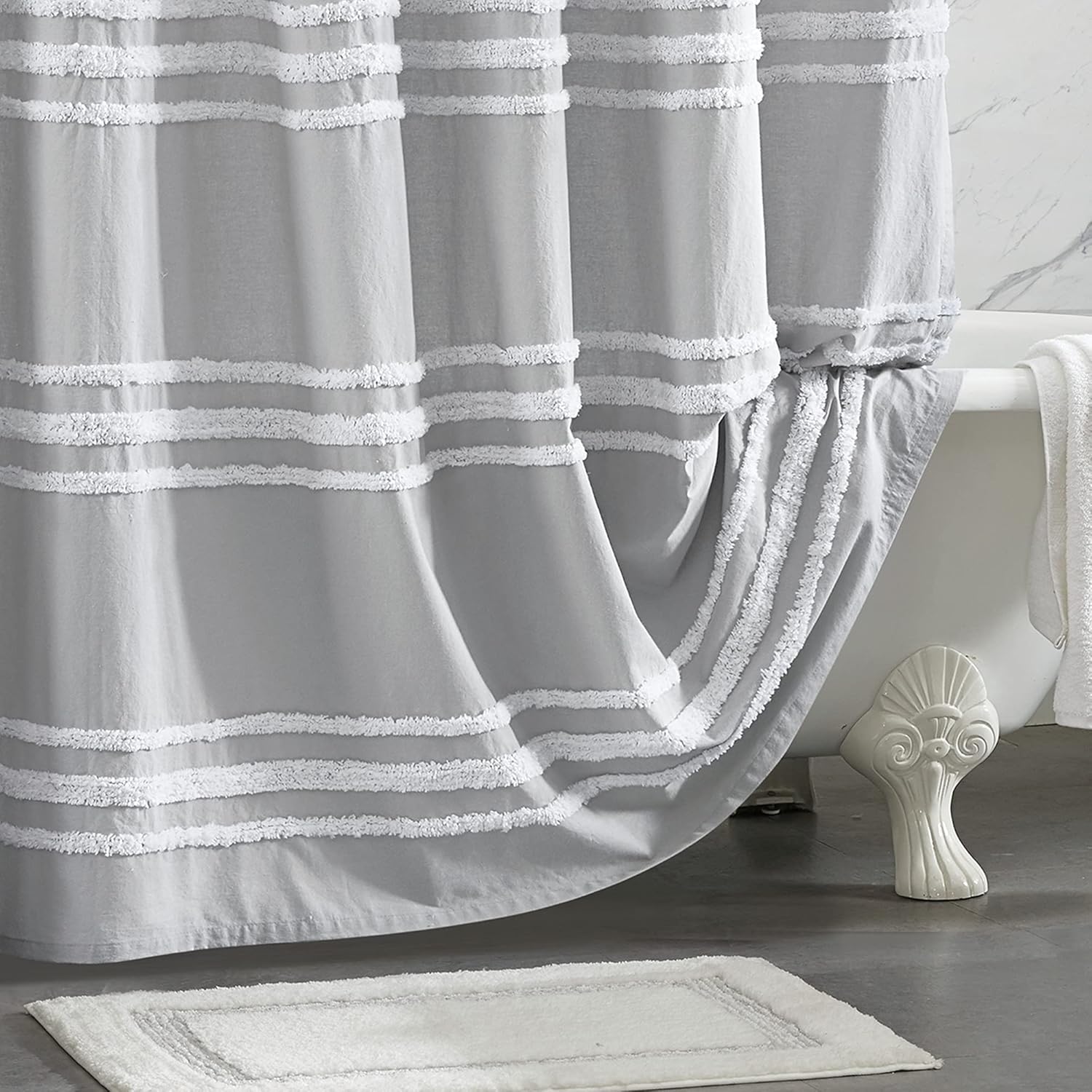 DKNY Chenille Stripe 100% Cotton Fabric Shower Curtain for Bathroom, 72 x 72 inches, Grey