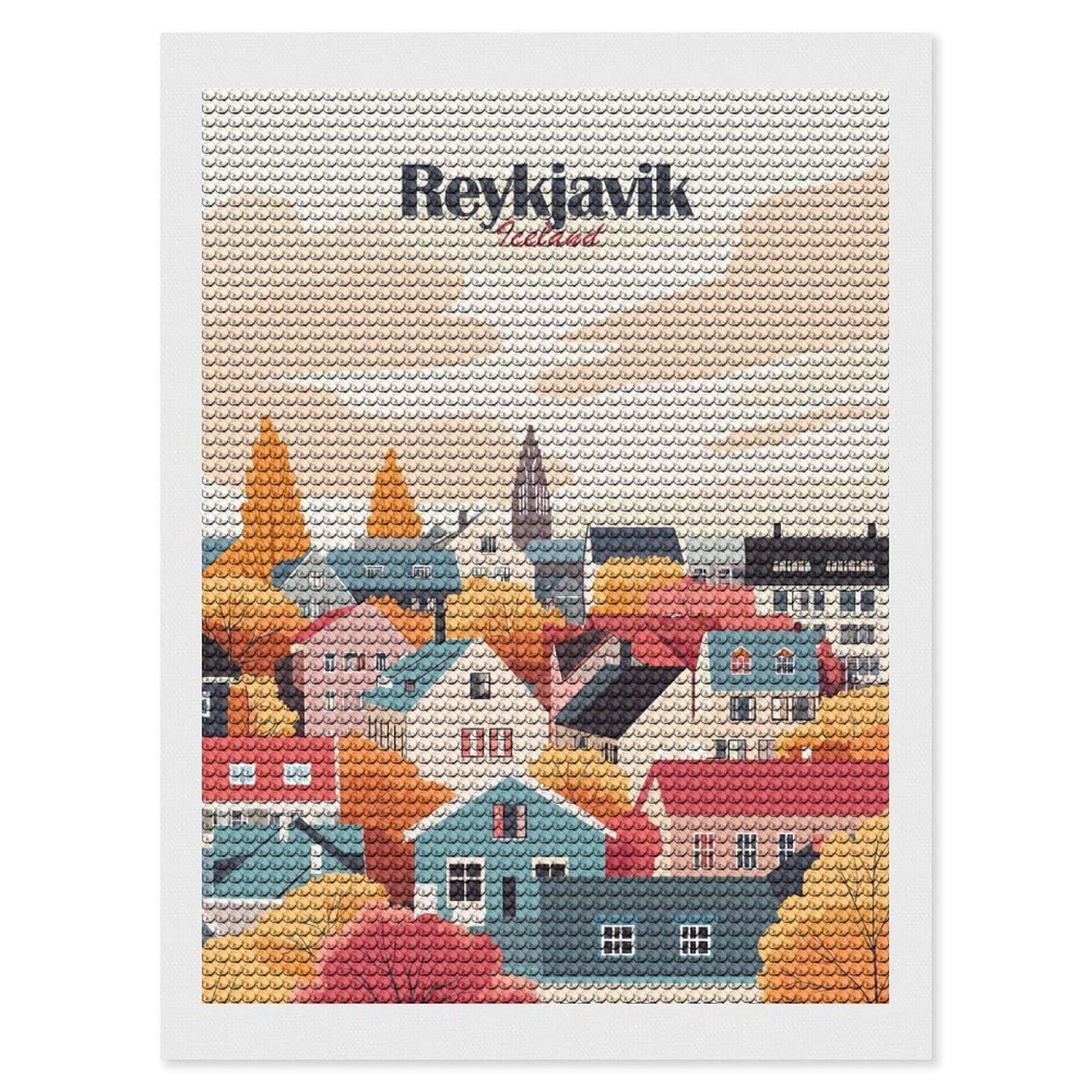 Junmoney Reykjavik Cityscape(2) Diamond Art Kit 12"x16", Neat Printed Canvas, Finish and Display, Relaxing DIY Hobby, Living Room Decor