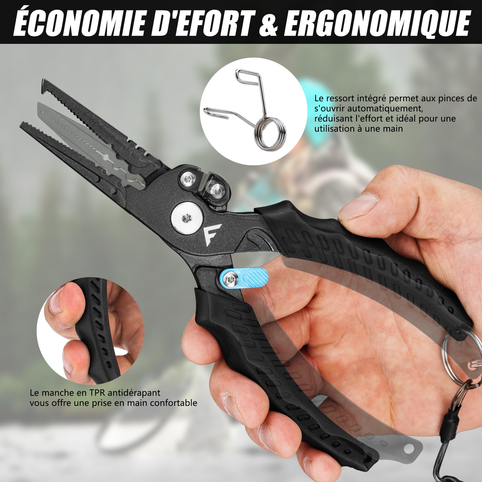FLISSA Pince de Pêche Multifonction, Pince Pêche 19 cm en Acier Inoxydable, Poignée TPR Antidérapante, Verrou de Sécurité, Mousqueton & Étui, Idéale Pêche Mer & Eau Douce